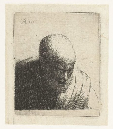 Bald man with open mouth, looking down: bust