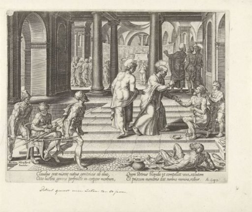Peter and John healing a lame man at the temple gate