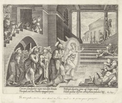 Peter and the other apostles freed from prison by an angel