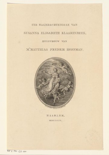 Title page for: P. H. Klaarenbeek 'Ter nagedachtenisse van Susanna Elisabeth Klaarenbeek', 1804