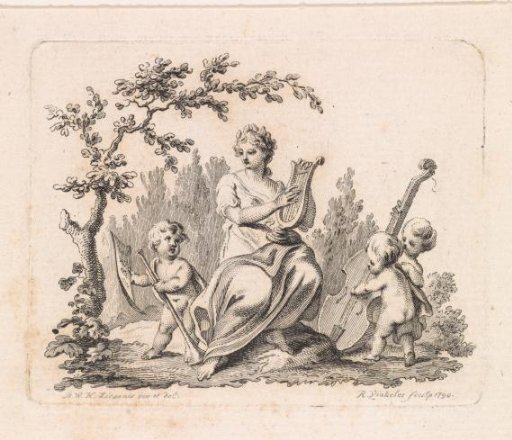 Woman playing the harp and three putti