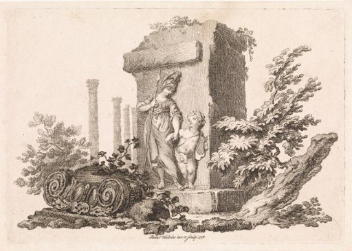 Minerva and a putto with a lyre at ruins