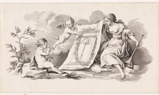 Woman and two putti with a sheet on which the liberty cap is on a spear