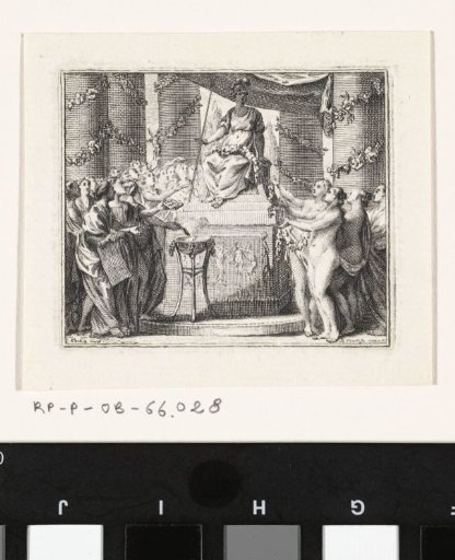 Personification, possibly Minerva, on a throne surrounded by women