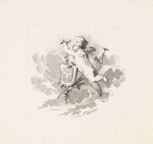 Putto with family coat of arms and trumpet