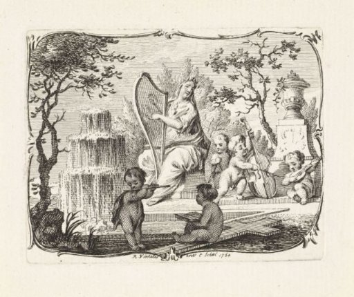 Woman playing the harp with five musical putti