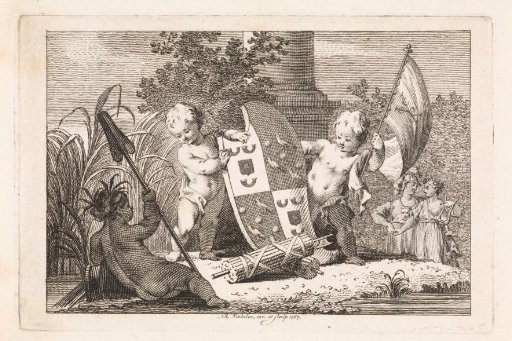 Putti with a family coat of arms and a banner of the V.O.C. by the waterfront