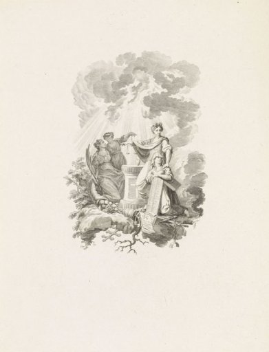 Title print with four female personifications at a heart