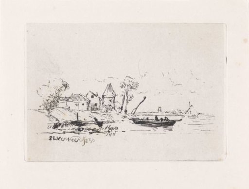Figures in a Rowboat by Houses on a River