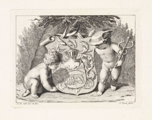 Two putti by a coat of arms