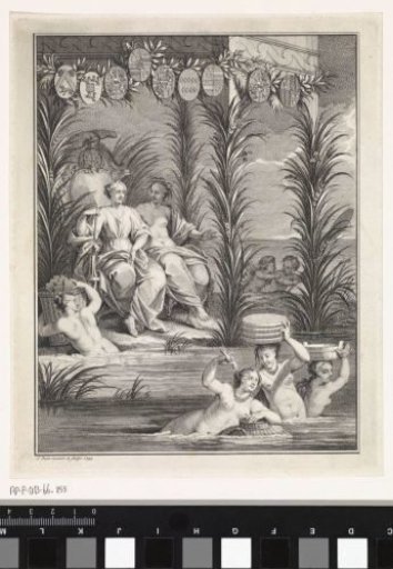 Two allegorical figures under a canopy