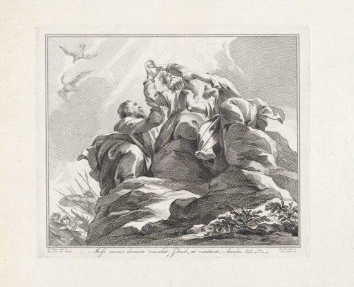 Moses' arms held up by Aaron and Hur