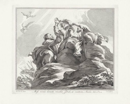 Moses' arms held up by Aaron and Hur
