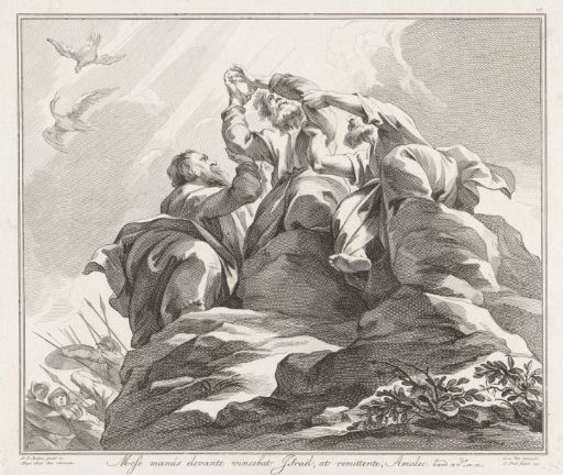 Moses' arms held up by Aaron and Hur