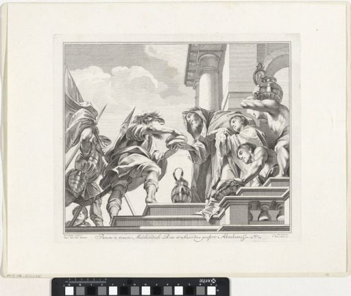 Melchisedek offers bread and wine to Abraham