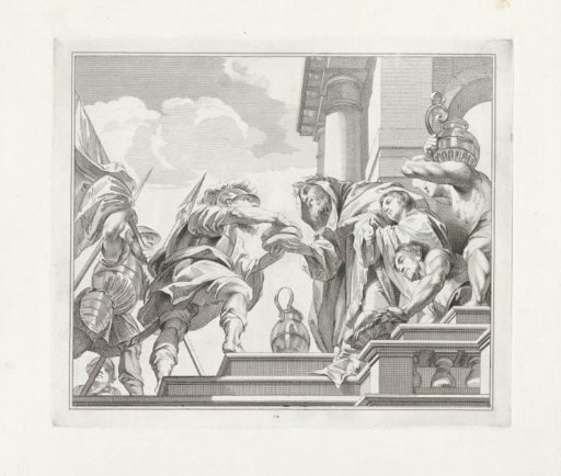 Melchisedek offers bread and wine to Abraham
