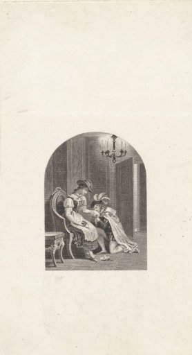 Kneeling man kisses the hand of a seated woman