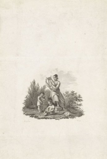 Woman playing a lyre and two playing children