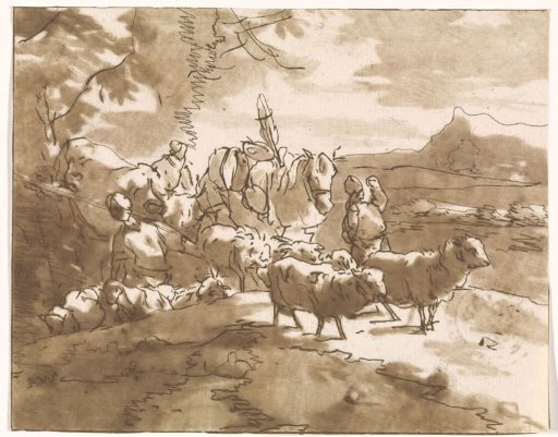 Shepherds with Livestock in a Mountain Landscape