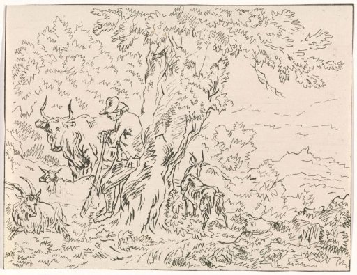 Shepherd and His Livestock by a Tree