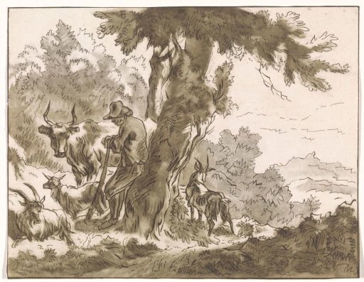 Shepherd and his cattle by a tree