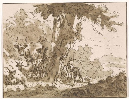 Shepherd and his cattle by a tree
