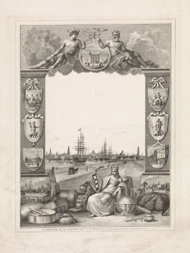 Frame with the Amsterdam city maiden and a view of Amsterdam