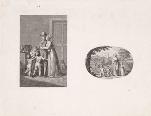 Two scenes: Mother and children bidding farewell to their husband