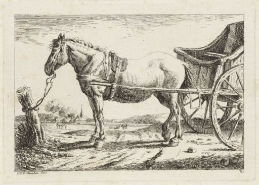Standing Horse, Harnessed to a Wagon