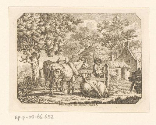 Three Cows by a Farmer at a Fence