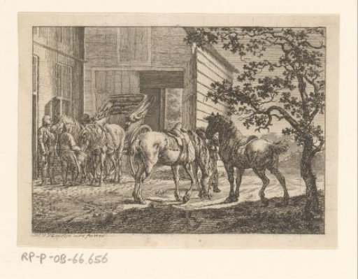 Four Horses Being Fed Before a Stable