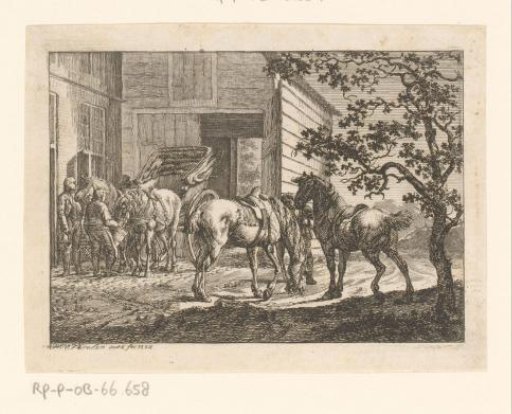 Four Horses Being Fed in Front of a Stable