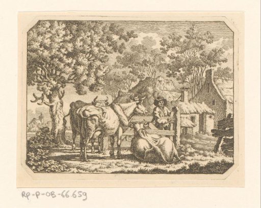 Three Cows with a Farmer at a Fence