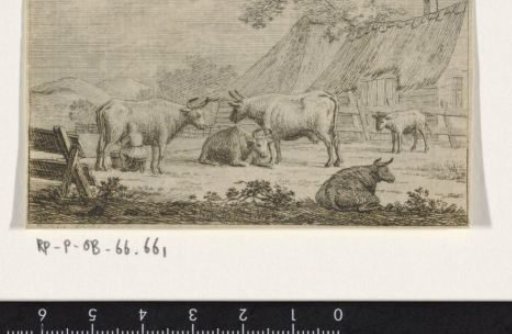 Milking Peasant Woman with Cows in Front of a Farmhouse