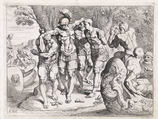 An engraving of Odysseus's crew among the Lotus-Eaters, some lounging and eating under trees while Odysseus's group stands over them.
