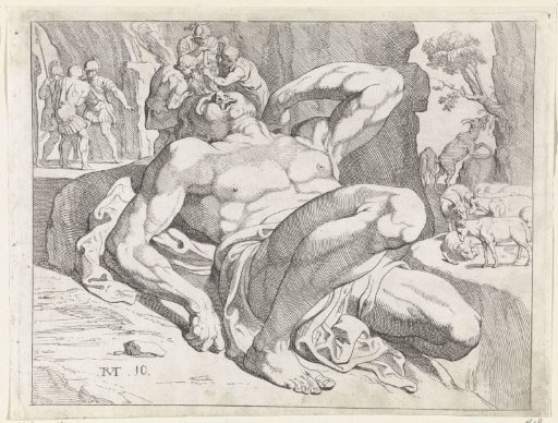 An engraving of the giant Polyphemus sprawled asleep across the whole frame while a cluster of small figures drive a sharpened stake into his single eye.