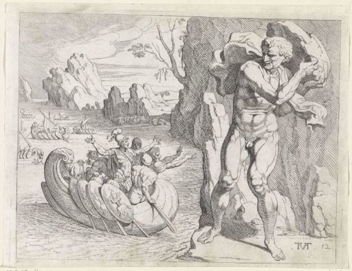 An engraving of the blinded Polyphemus standing among rocks hurling a boulder, while Odysseus and his men row away, shields along the hull.