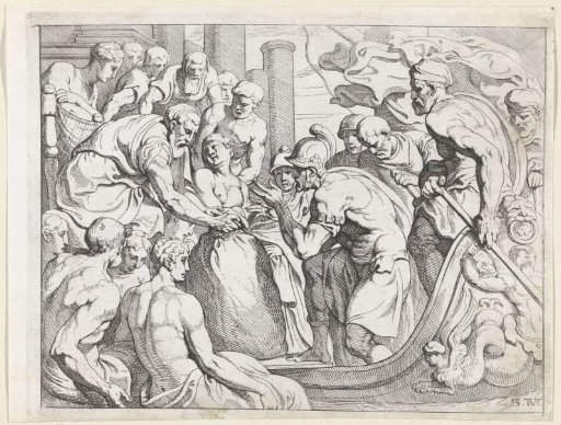 An engraving of Odysseus receiving the tied bag of winds from Aeolus, courtiers and crew gathered around them.