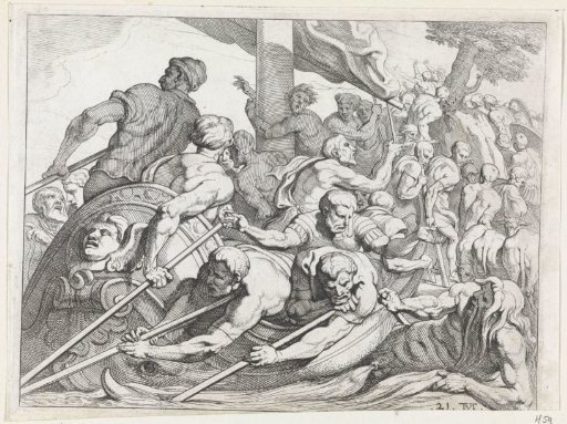 A crowded engraving of Odysseus and his crew among the dead, faces packed to the edges of the frame, oars and shields angled across it.