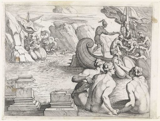 An engraving of Odysseus lashed upright to the mast of his ship, a crewman pointing ahead, the rowers bent to their oars. Three sirens sit in the foreground with their backs to us, watching the ship pass.