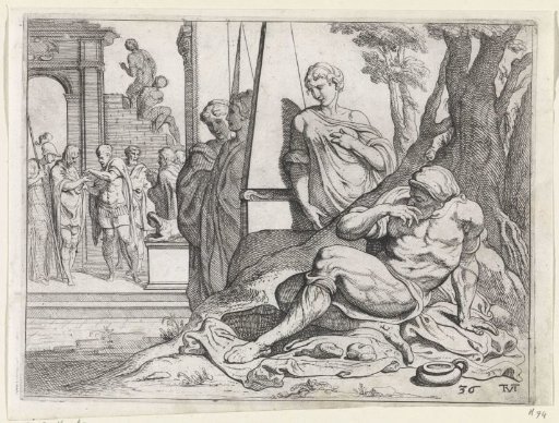 An engraving of Odysseus returned to his palace in disguise, reclining in ragged drapery at the right and leaning on one arm, watched by figures beneath columns and a tree.