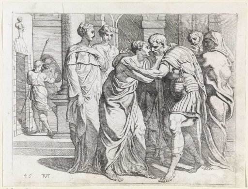 An engraving of Penelope and Odysseus embracing in the centre of the hall, foreheads almost touching, watched by attendants on both sides beneath columns and heavy drapery.