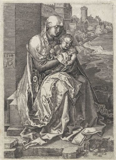 Mary with the Christ Child on her lap by a wall
