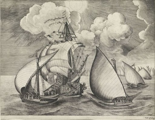 A fleet of armed galleys accompanied by a warship
