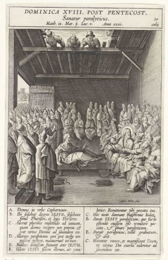 Christ heals a paralytic man who was let down through the roof