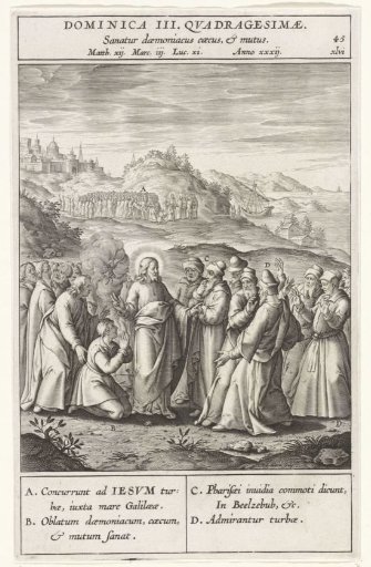 Christ heals a possessed man in the presence of the Pharisees and scribes