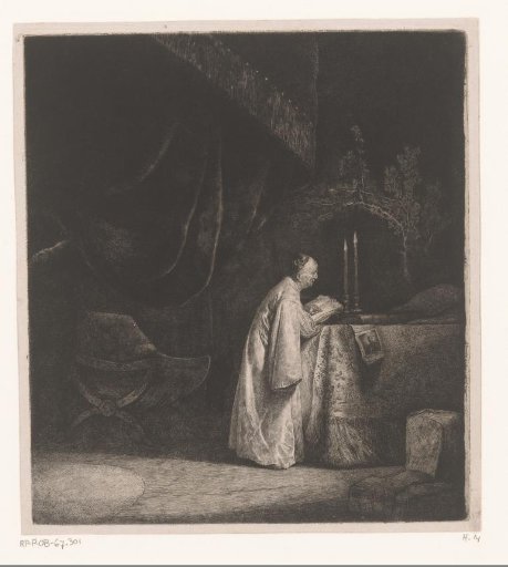 Dark interior with a man writing
