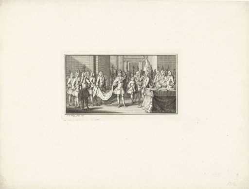 King before a table with two crowns and the orb