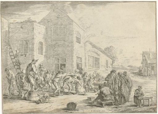 Clarinet player in front of an inn