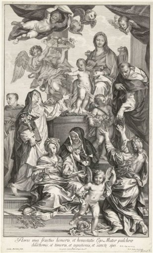 Mary with child on a throne, with rosaries